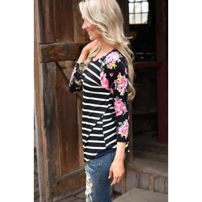 Black Striped Floral Round Neck Casual Tee Top