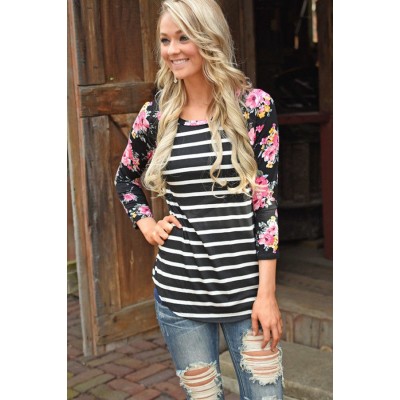 Black Striped Floral Round Neck Casual Tee Top