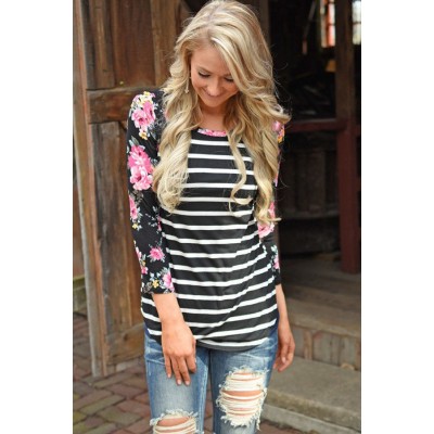 Black Striped Floral Round Neck Casual Tee Top