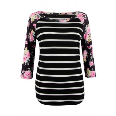 Black Striped Floral Round Neck Casual Tee Top