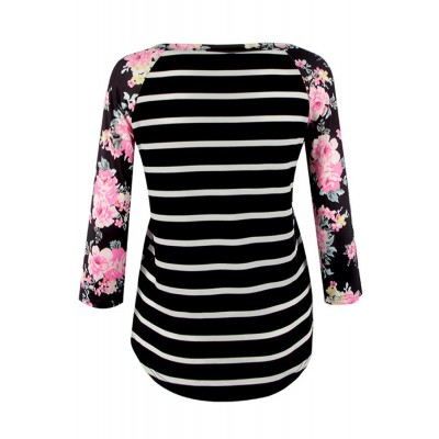 Black Striped Floral Round Neck Casual Tee Top