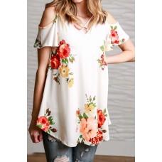 Cold Shoulder Crisscross Floral Casual T Shirt