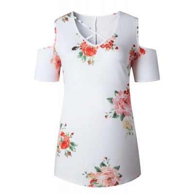 Cold Shoulder Crisscross Floral Casual T Shirt