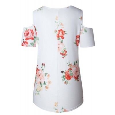 Cold Shoulder Crisscross Floral Casual T Shirt