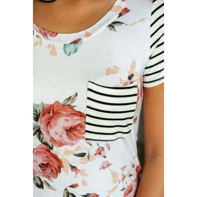 Striped Floral Short Sleeve Casual T Shirt