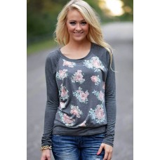 Gray Floral Long Sleeve Casual Tee Top