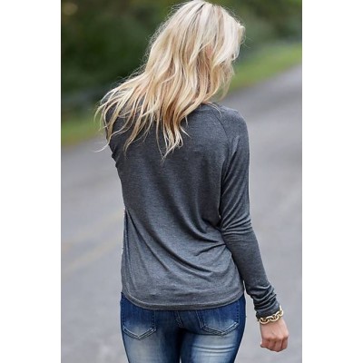 Gray Floral Long Sleeve Casual Tee Top