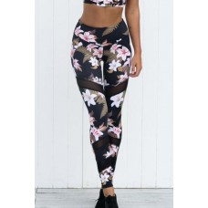 Black Floral Mesh Sheer Splicing Skinny Yoga Leggings