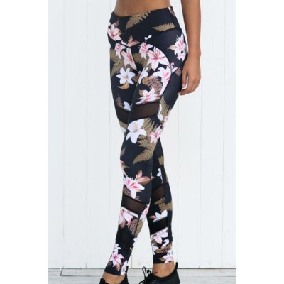 Black Floral Mesh Sheer Splicing Skinny Yoga Leggings