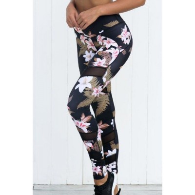 Black Floral Mesh Sheer Splicing Skinny Yoga Leggings