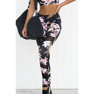 Black Floral Mesh Sheer Splicing Skinny Yoga Leggings