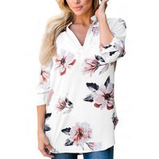 Floral V Neck Rolled Up Sleeve Casual T Shirt