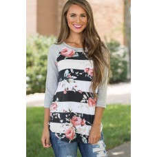 Black Stripe Floral Round Neck Casual T Shirt