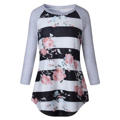 Black Stripe Floral Round Neck Casual T Shirt