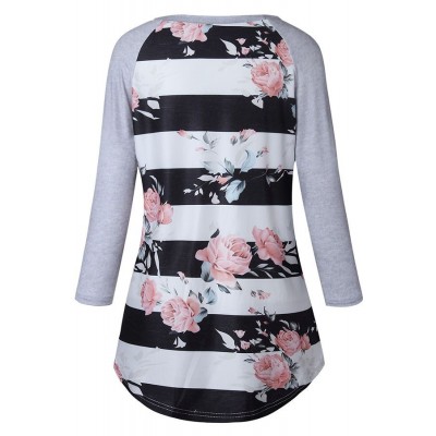 Black Stripe Floral Round Neck Casual T Shirt