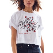 Floral Letters Roll Up Sleeve Casual Cropped T Shirt