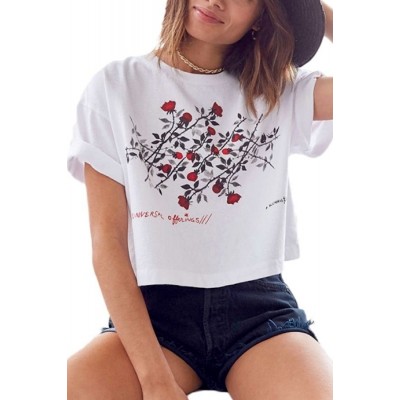 Floral Letters Roll Up Sleeve Casual Cropped T Shirt