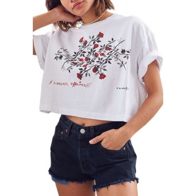 Floral Letters Roll Up Sleeve Casual Cropped T Shirt