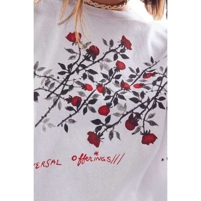 Floral Letters Roll Up Sleeve Casual Cropped T Shirt