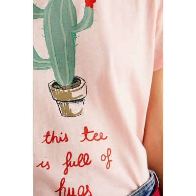 Pink Cactus Letters Round Neck Short Sleeve Casual T Shirt