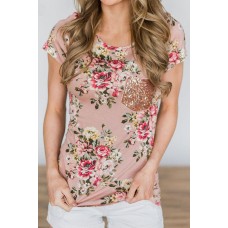 Pink Floral Sequins Pocket Short Sleeve Chic T Shirt