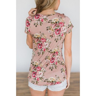 Pink Floral Sequins Pocket Short Sleeve Chic T Shirt