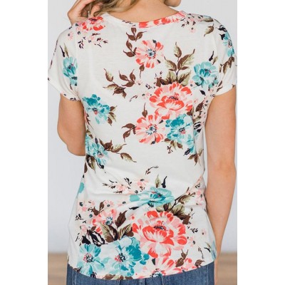 Floral Sequins Pocket Short Sleeve Chic T Shirt