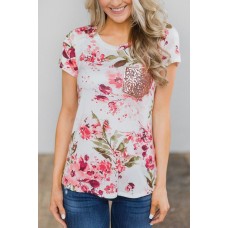 Light-pink Floral Sequins Pocket Short Sleeve Chic T Shirt