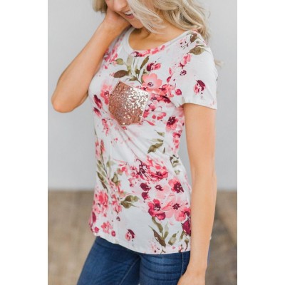 Light-pink Floral Sequins Pocket Short Sleeve Chic T Shirt