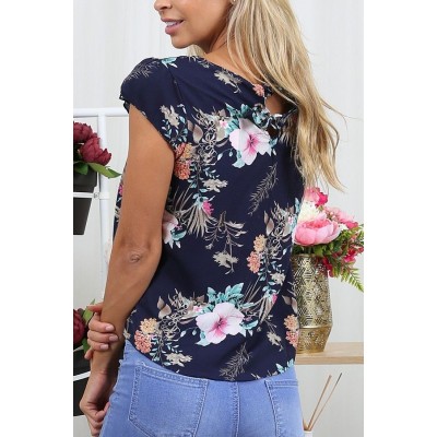 Dark-Floral Cap Sleeve Knotted Casual T Shirt