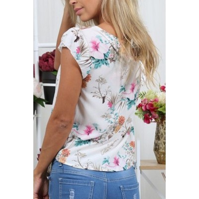 Floral Cap Sleeve Knotted Casual T Shirt