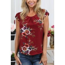 Dark-red Floral Cap Sleeve Knotted Casual T Shirt