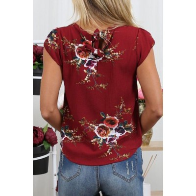 Dark-red Floral Cap Sleeve Knotted Casual T Shirt