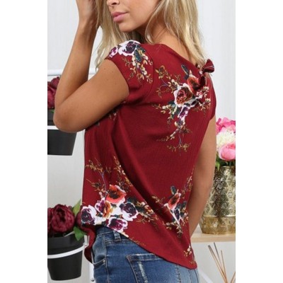 Dark-red Floral Cap Sleeve Knotted Casual T Shirt