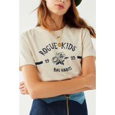 Beige Round Neck Short Sleeve Flower Letters Printed Chic T Shirt