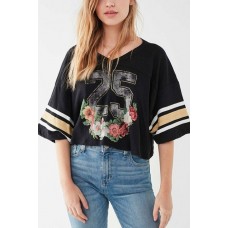 Black V Neck Half Sleeve Floral Stripe Casual T Shirt