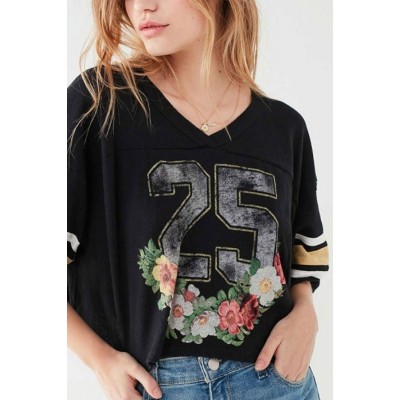 Black V Neck Half Sleeve Floral Stripe Casual T Shirt