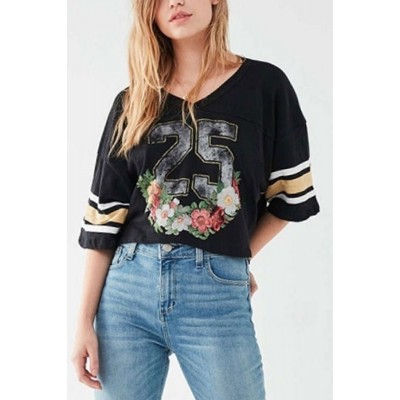 Black V Neck Half Sleeve Floral Stripe Casual T Shirt