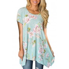 Light-green Floral Asymmetric Hem Casual T Shirt