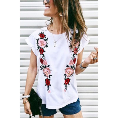 Round Neck Short Sleeve Floral Printed Chic T Shirt