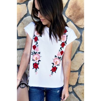 Round Neck Short Sleeve Floral Printed Chic T Shirt