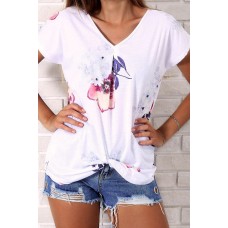 V Neck Short Sleeve Floral Chic T Shirt