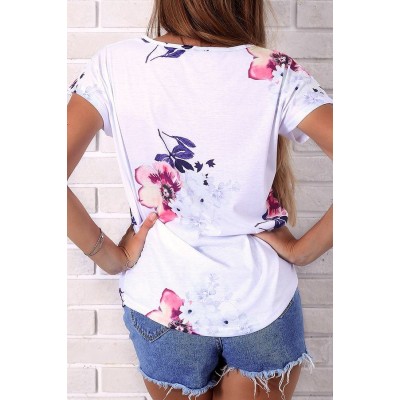 V Neck Short Sleeve Floral Chic T Shirt