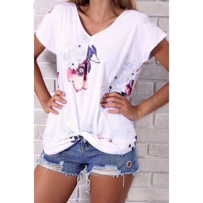 V Neck Short Sleeve Floral Chic T Shirt