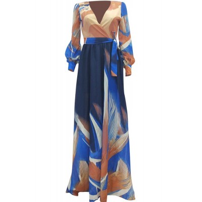 Graphic Tied V Neck Long Sleeve Casual Maxi Dress