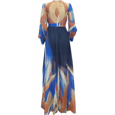 Graphic Tied V Neck Long Sleeve Casual Maxi Dress