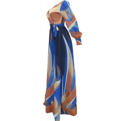 Graphic Tied V Neck Long Sleeve Casual Maxi Dress