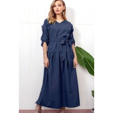 Dark-Long Sleeve Slit Tied Casual Maxi Dress