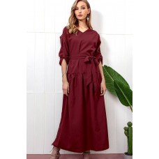 Dark-red Long Sleeve Slit Tied Casual Maxi Dress