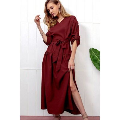 Dark-red Long Sleeve Slit Tied Casual Maxi Dress